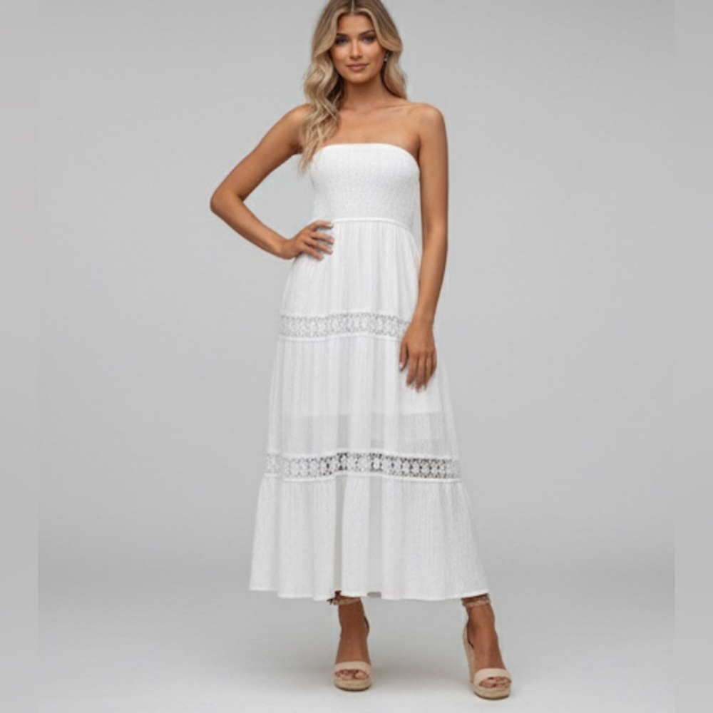Boho Lace Insert Shirred Tube A-Line Dress White